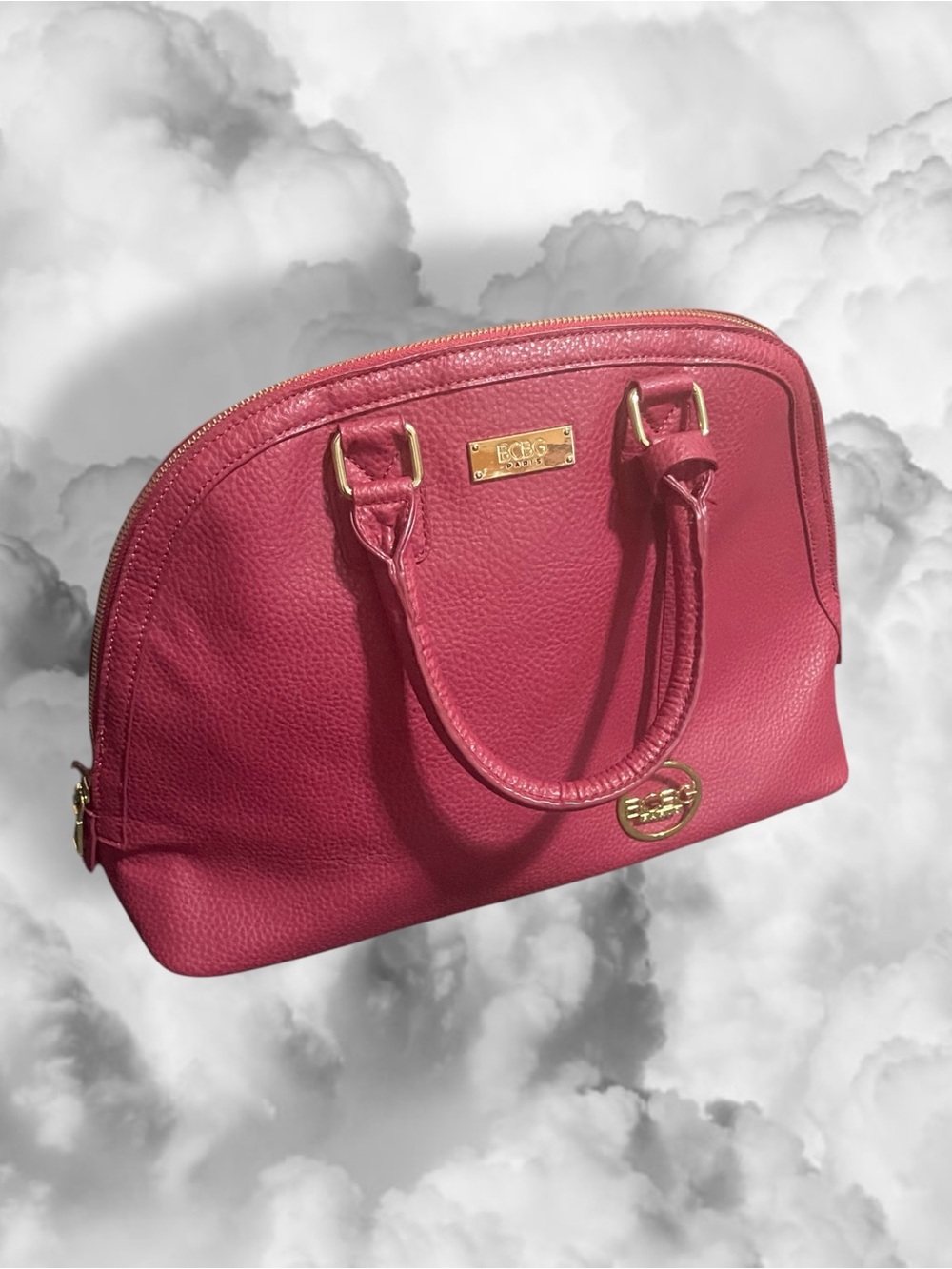BCBG Paris Berry Pink Pebbled Faux Leather Dome Bowler Satchel Bag Gold HW